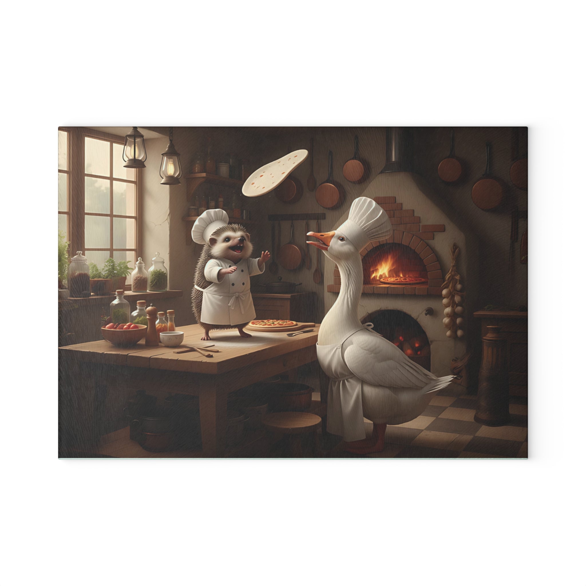 Whimsical Chef Goose & Hedgehog Glass Cutting Board — Cute Kitchen Art