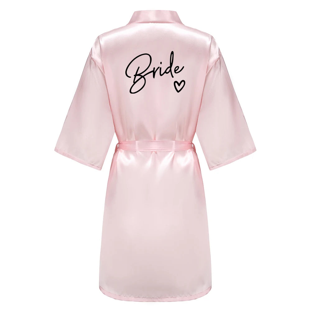 Wedding Party Team Bride Robe With Black Letters Kimono Satin