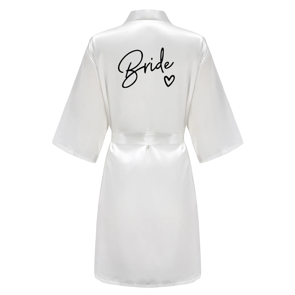 Wedding Party Team Bride Robe With Black Letters Kimono Satin