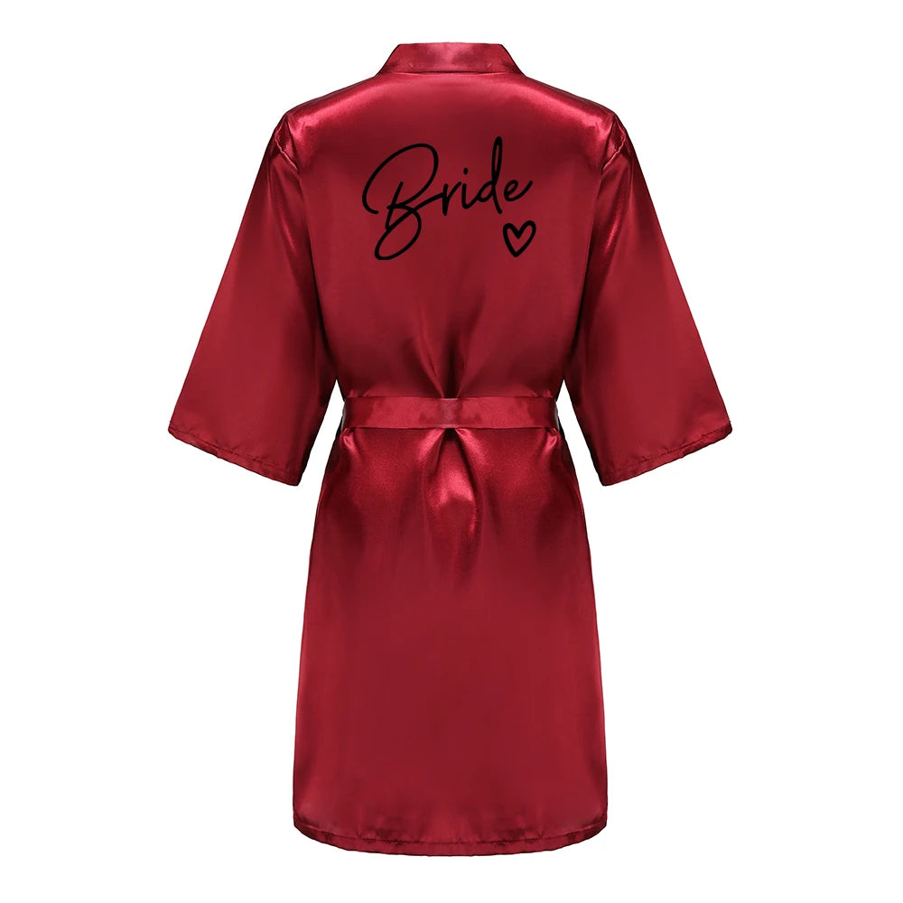 Wedding Party Team Bride Robe With Black Letters Kimono Satin