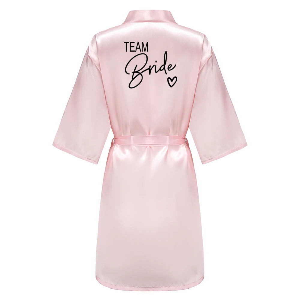 Wedding Party Team Bride Robe With Black Letters Kimono Satin