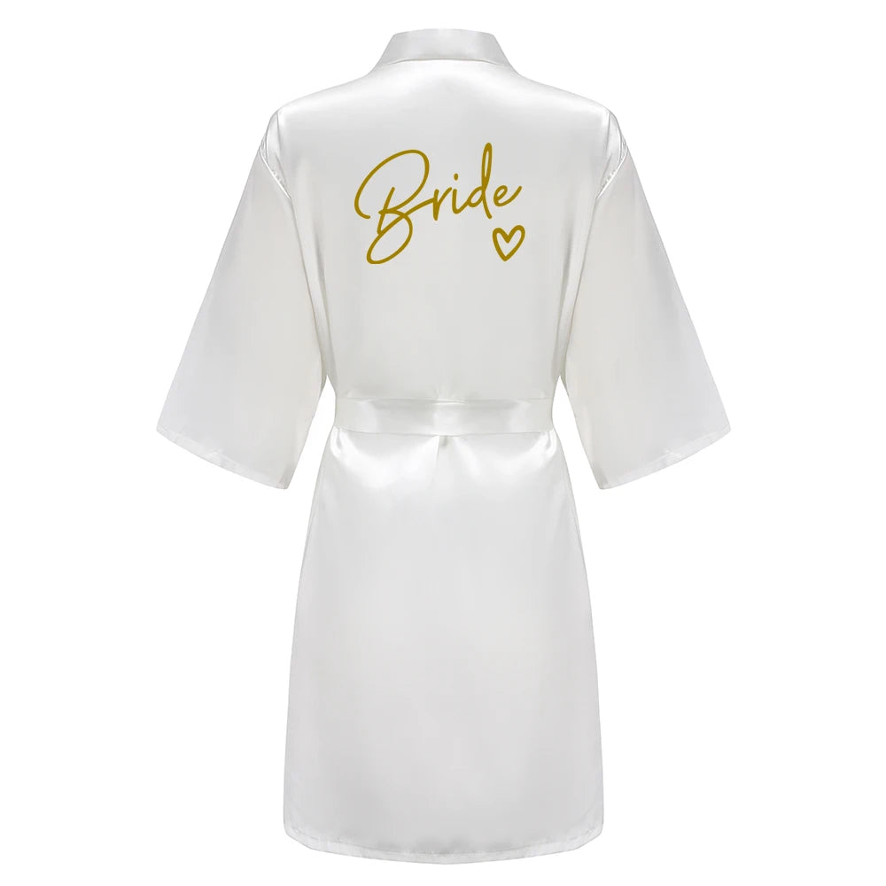 Wedding Party Team Bride Robe With Black Letters Kimono Satin