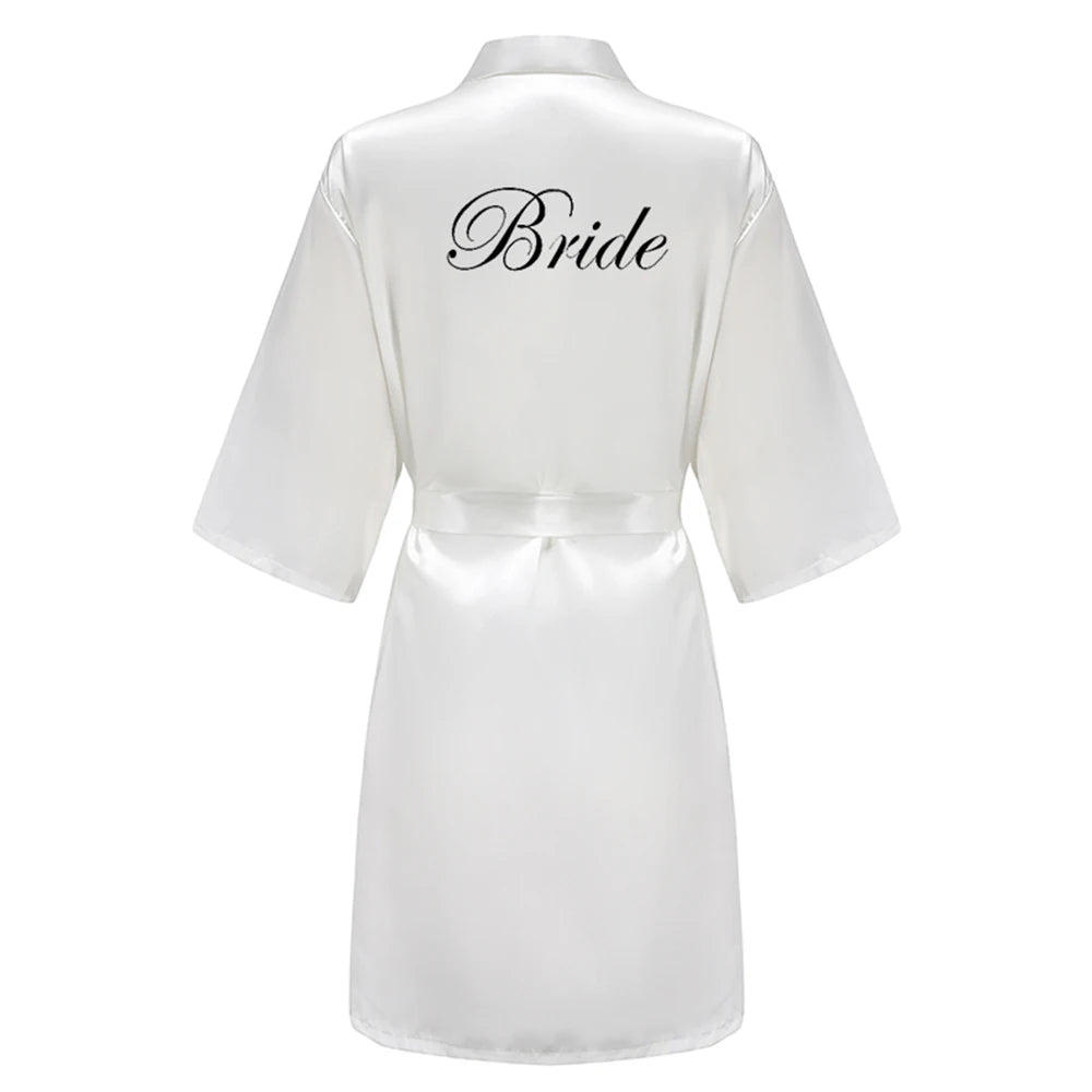 Wedding Party Team Bride Robe With Black Letters Kimono Satin