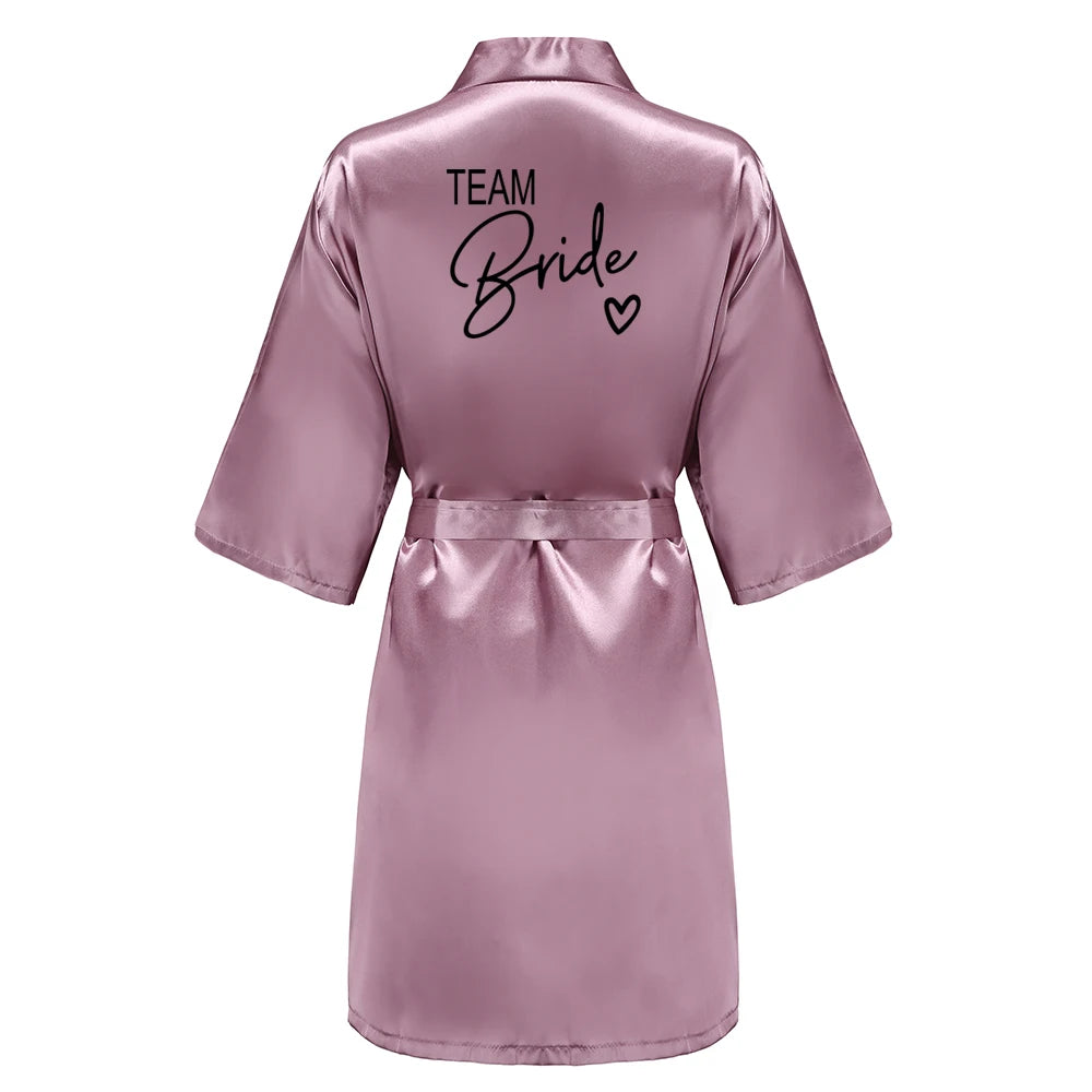 Wedding Party Team Bride Robe With Black Letters Kimono Satin