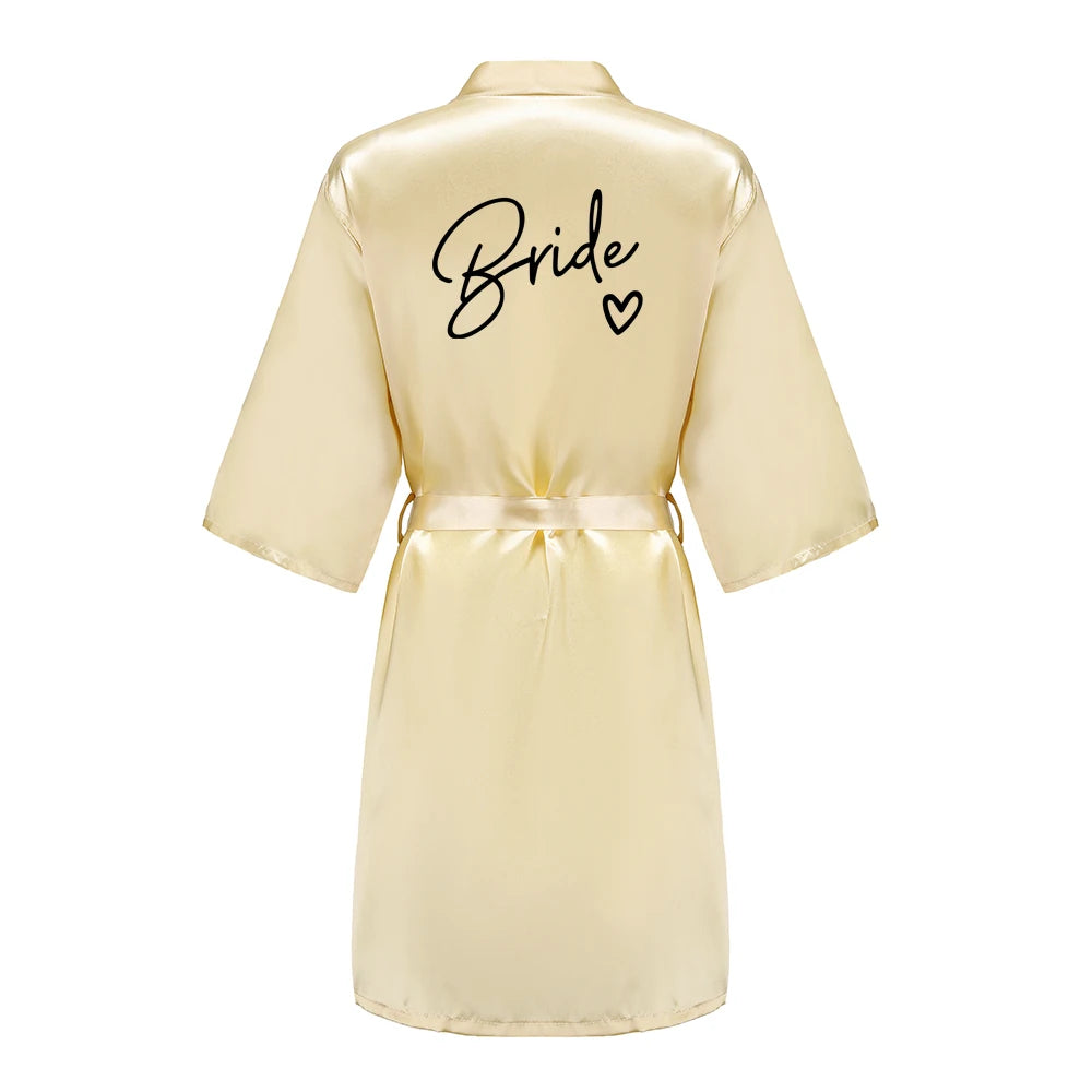 Wedding Party Team Bride Robe With Black Letters Kimono Satin