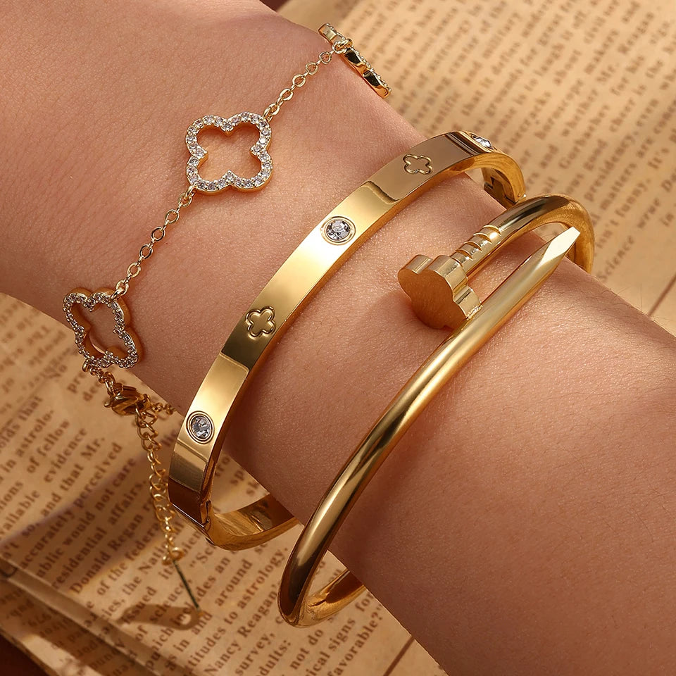 3Pcs Stainless Steel 18K Gold Plated Four-Flower, Nail, Stacked Bangles