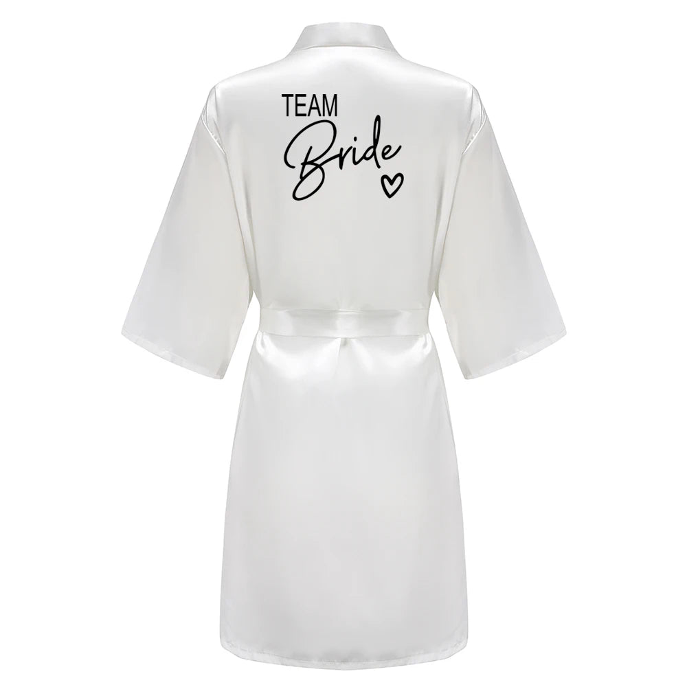 Wedding Party Team Bride Robe With Black Letters Kimono Satin