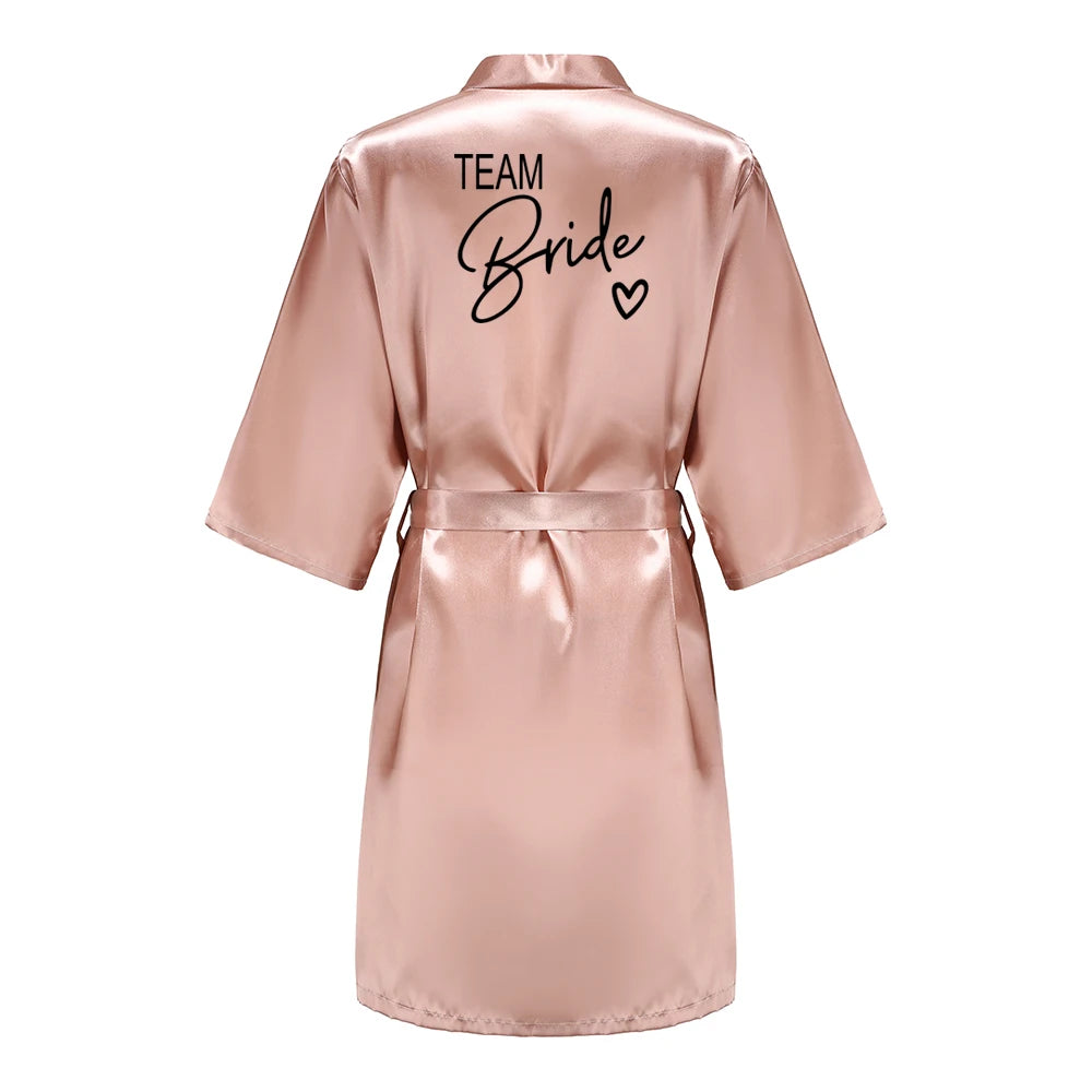 Wedding Party Team Bride Robe With Black Letters Kimono Satin
