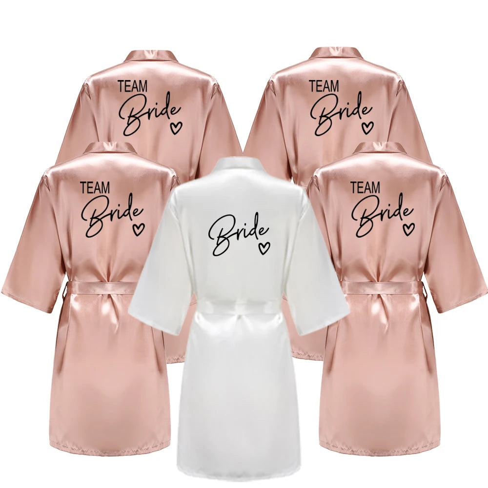 Wedding Party Team Bride Robe With Black Letters Kimono Satin