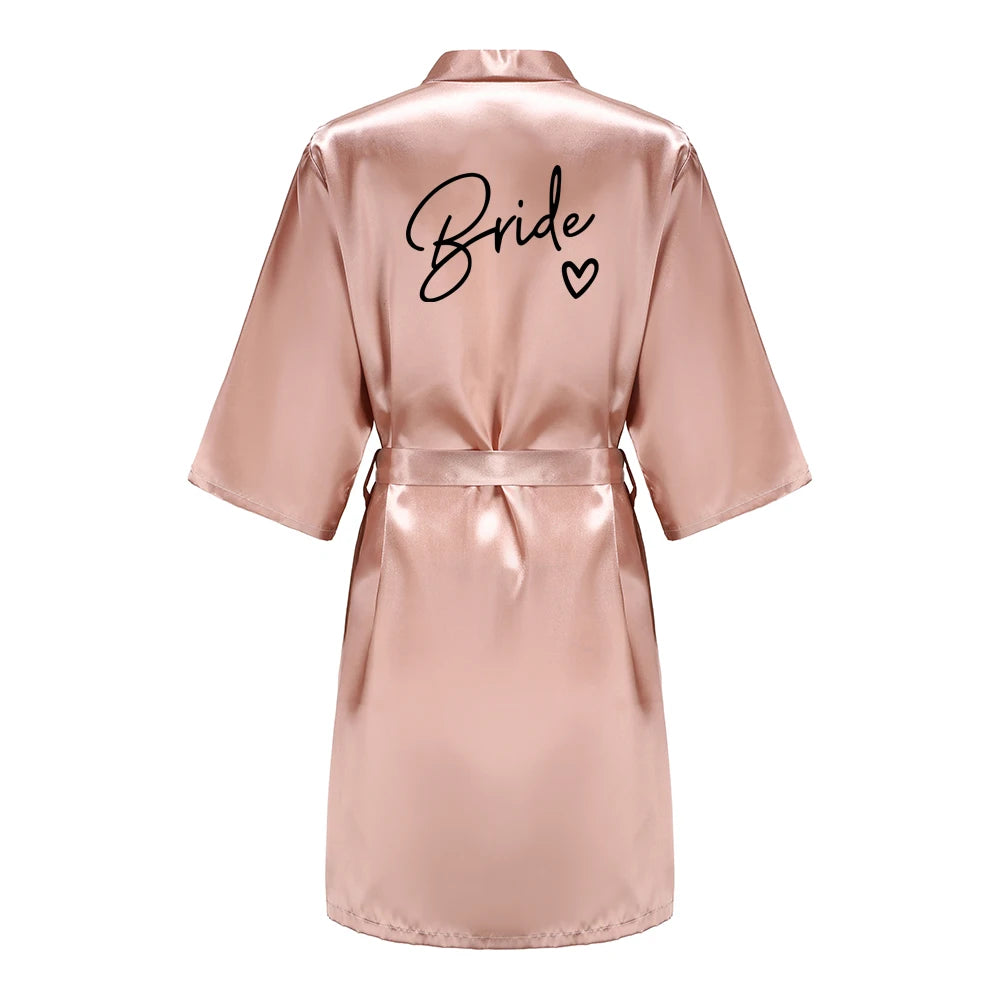 Wedding Party Team Bride Robe With Black Letters Kimono Satin