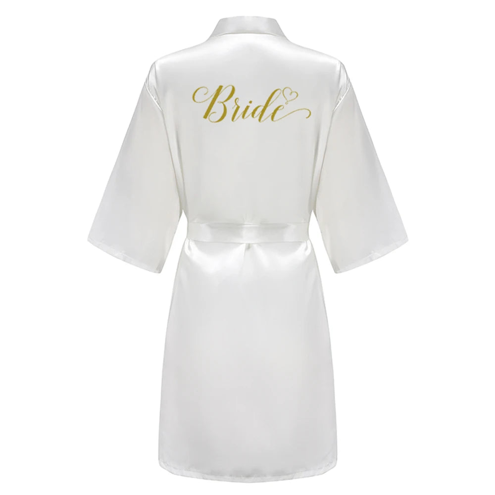 Wedding Party Team Bride Robe With Black Letters Kimono Satin