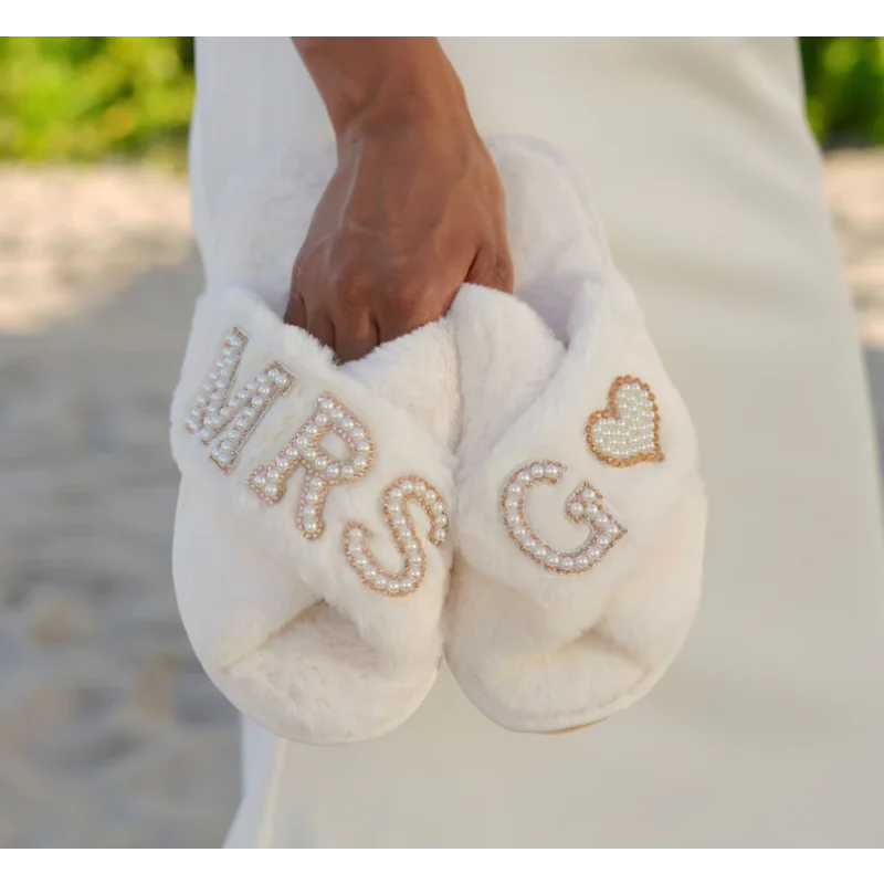 Mrs+A-Z Gold Pearl Letters Soft Open Slipper