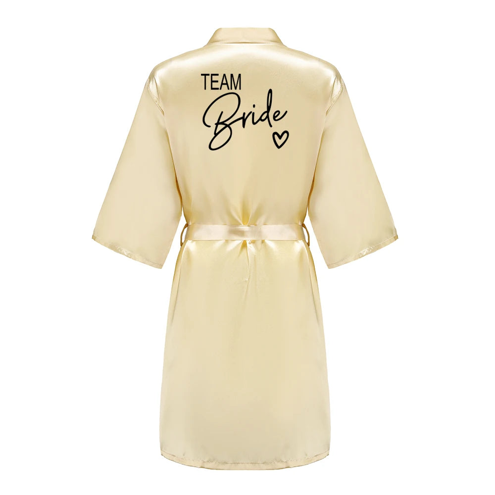 Wedding Party Team Bride Robe With Black Letters Kimono Satin